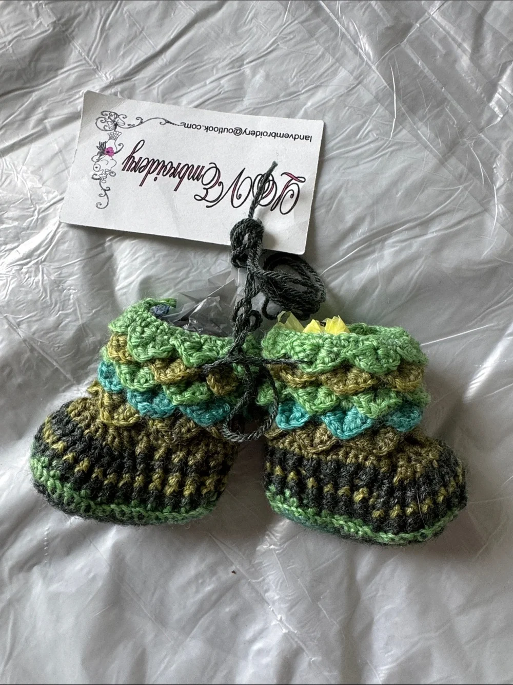 Handmade Green Multi-Color Crochet Baby Booties with Buttons